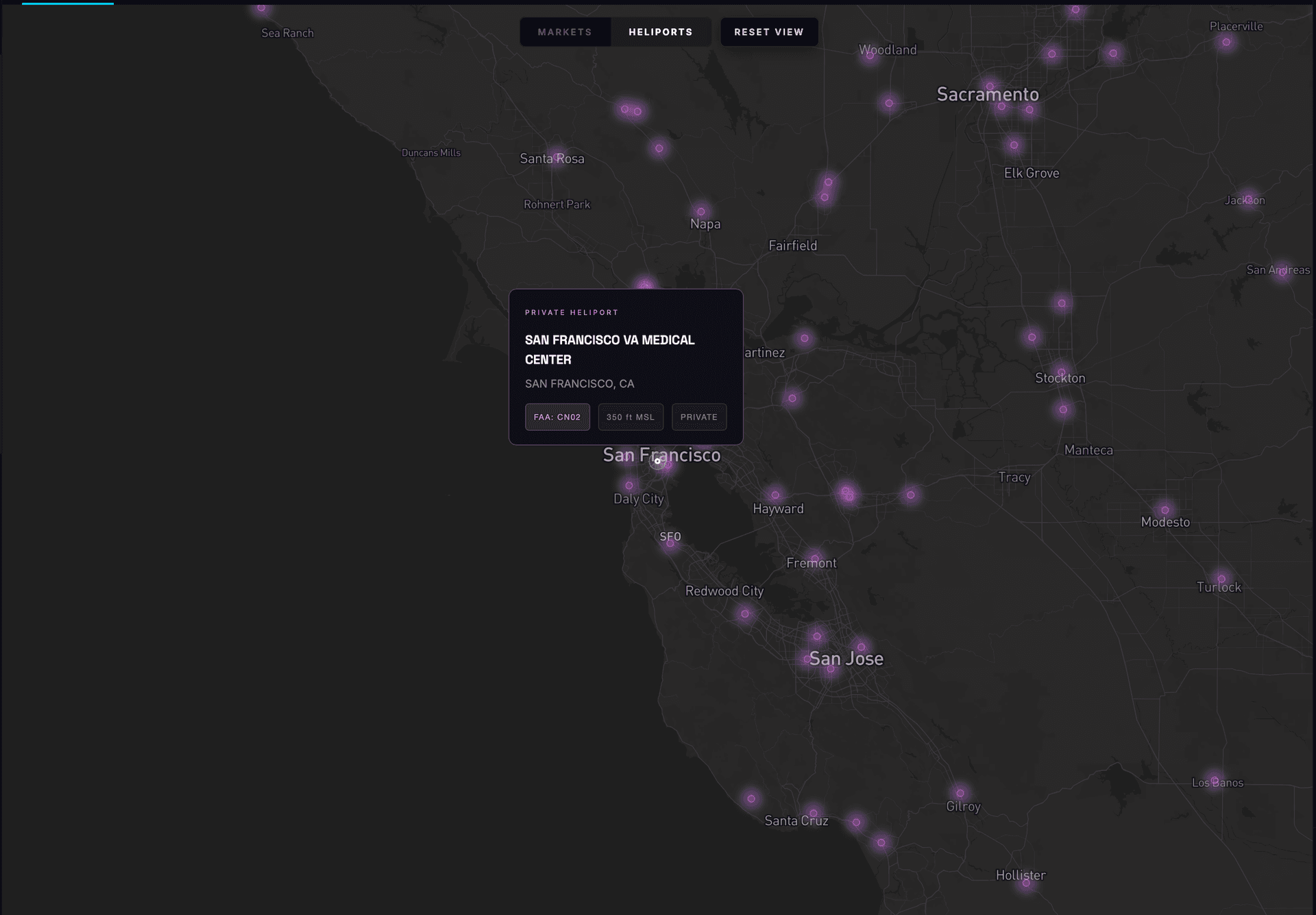 Heliport map layer — San Francisco Bay Area with facility popup