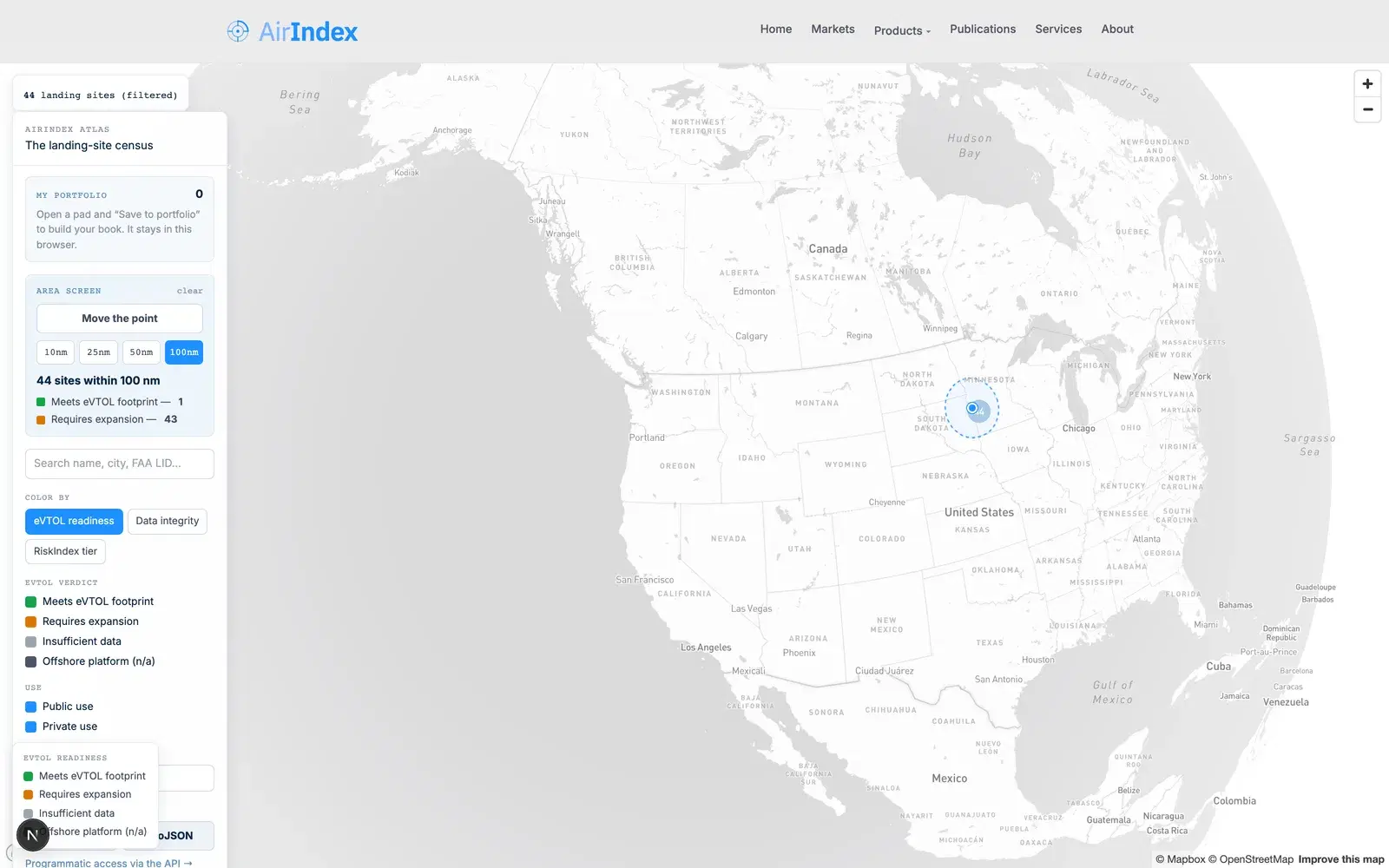 Area screen: a radius dropped on the map with the in-range readiness breakdown